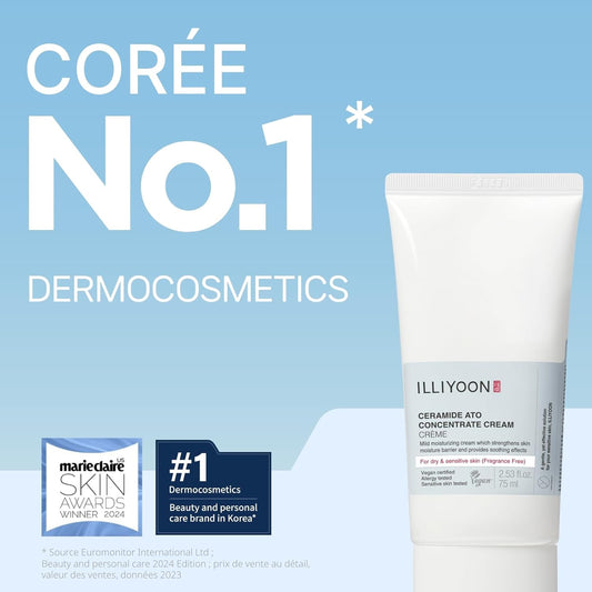 ILLIYOON Ceramida Ato Crema Concentrada 75Ml, Crema Hidratante Para Piel Seca Y Sensible, 100Hr Hidratación, Restauración De La Barrera De La Piel, Suave Para Bebés Y Adultos, Vegano, Sin Perfume