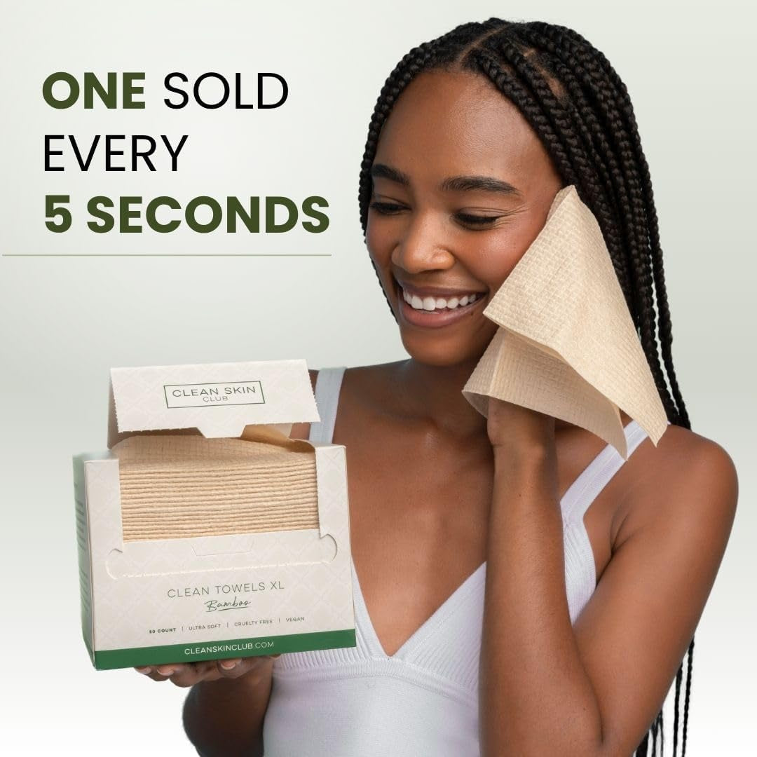 CLEAN SKIN CLUB Toallas Limpias Bambú XL | Toalla Facial Biodegradable World 1ST | Toallitas Desmaquillantes Desechables En Seco | Súper Suave Para Pieles Sensibles (50 Unidades/Caja Individual)