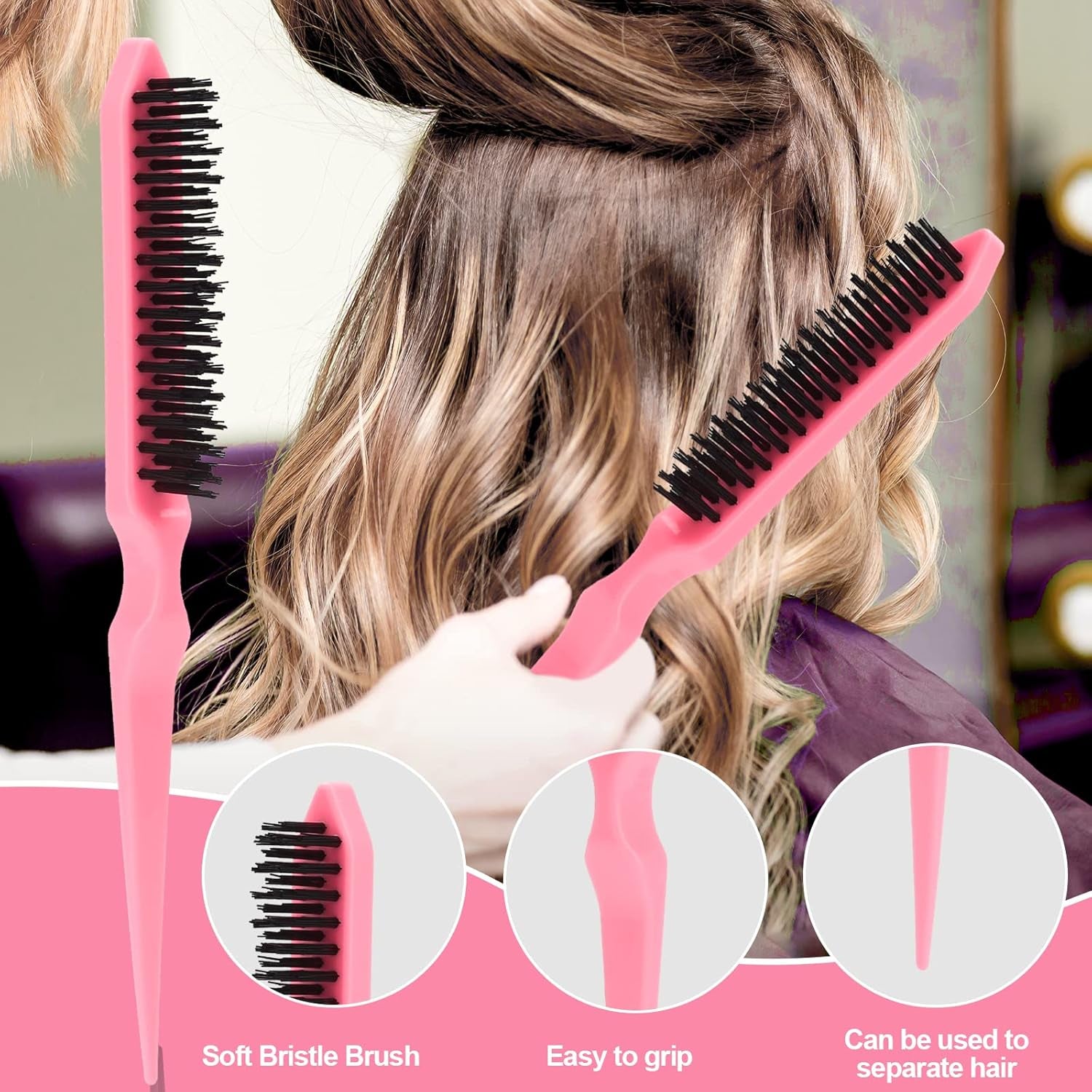 3 Piezas Cepillo De Cerdas Para El Pelo Con Peine De Cola De Rata, Cepillo Y Peine Para El Pelo De Bebé Y Pelo Suelto - Rosa