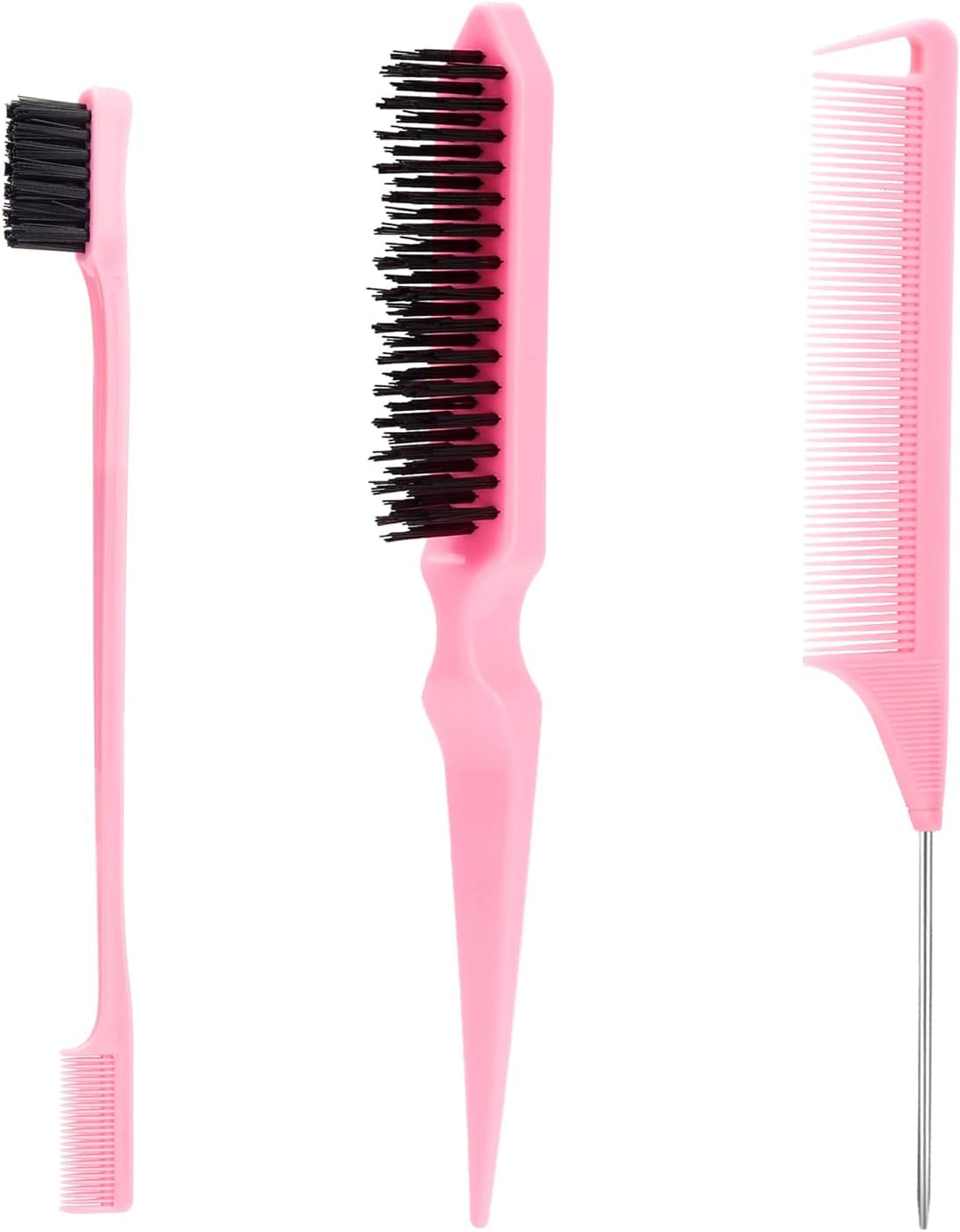 3 Piezas Cepillo De Cerdas Para El Pelo Con Peine De Cola De Rata, Cepillo Y Peine Para El Pelo De Bebé Y Pelo Suelto - Rosa