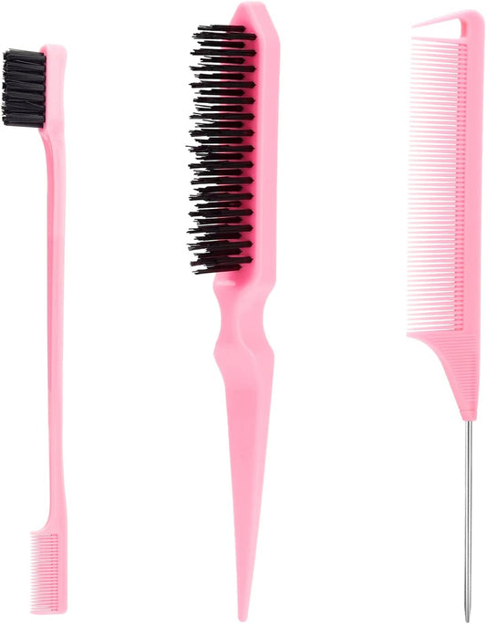 3 Piezas Cepillo De Cerdas Para El Pelo Con Peine De Cola De Rata, Cepillo Y Peine Para El Pelo De Bebé Y Pelo Suelto - Rosa