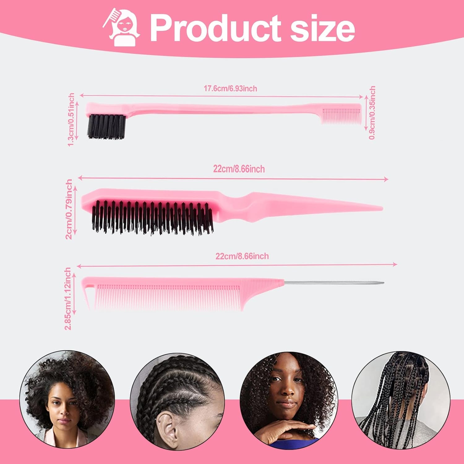 3 Piezas Cepillo De Cerdas Para El Pelo Con Peine De Cola De Rata, Cepillo Y Peine Para El Pelo De Bebé Y Pelo Suelto - Rosa