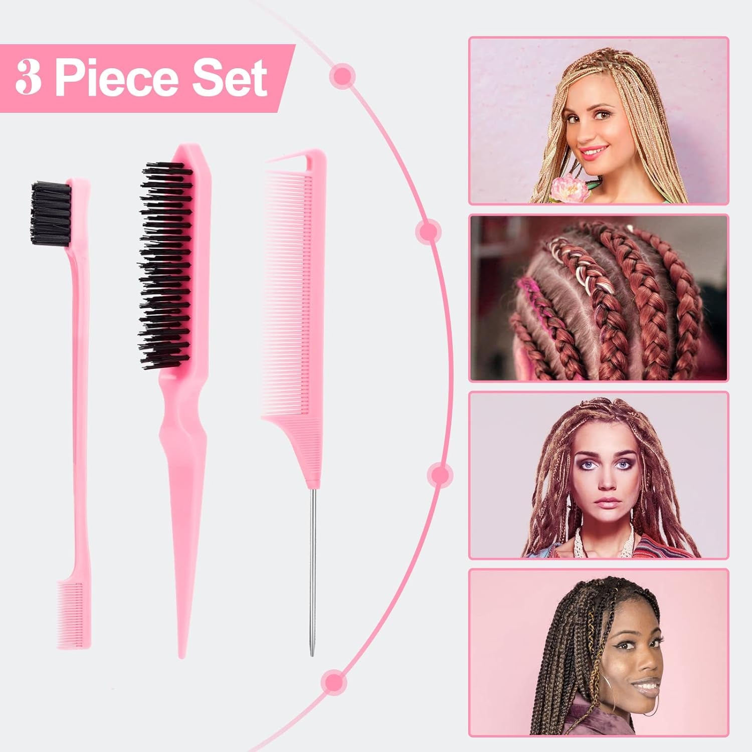 3 Piezas Cepillo De Cerdas Para El Pelo Con Peine De Cola De Rata, Cepillo Y Peine Para El Pelo De Bebé Y Pelo Suelto - Rosa